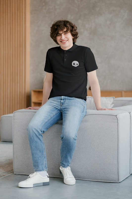 Skull Meets Cute – Black Polo with Fun  cartoony Skull Embroidery