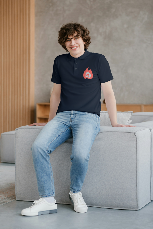 Navy Blue Men's Polo Shirt with Flaming Skull Embroidery – Stylish & Bold Casual Wear