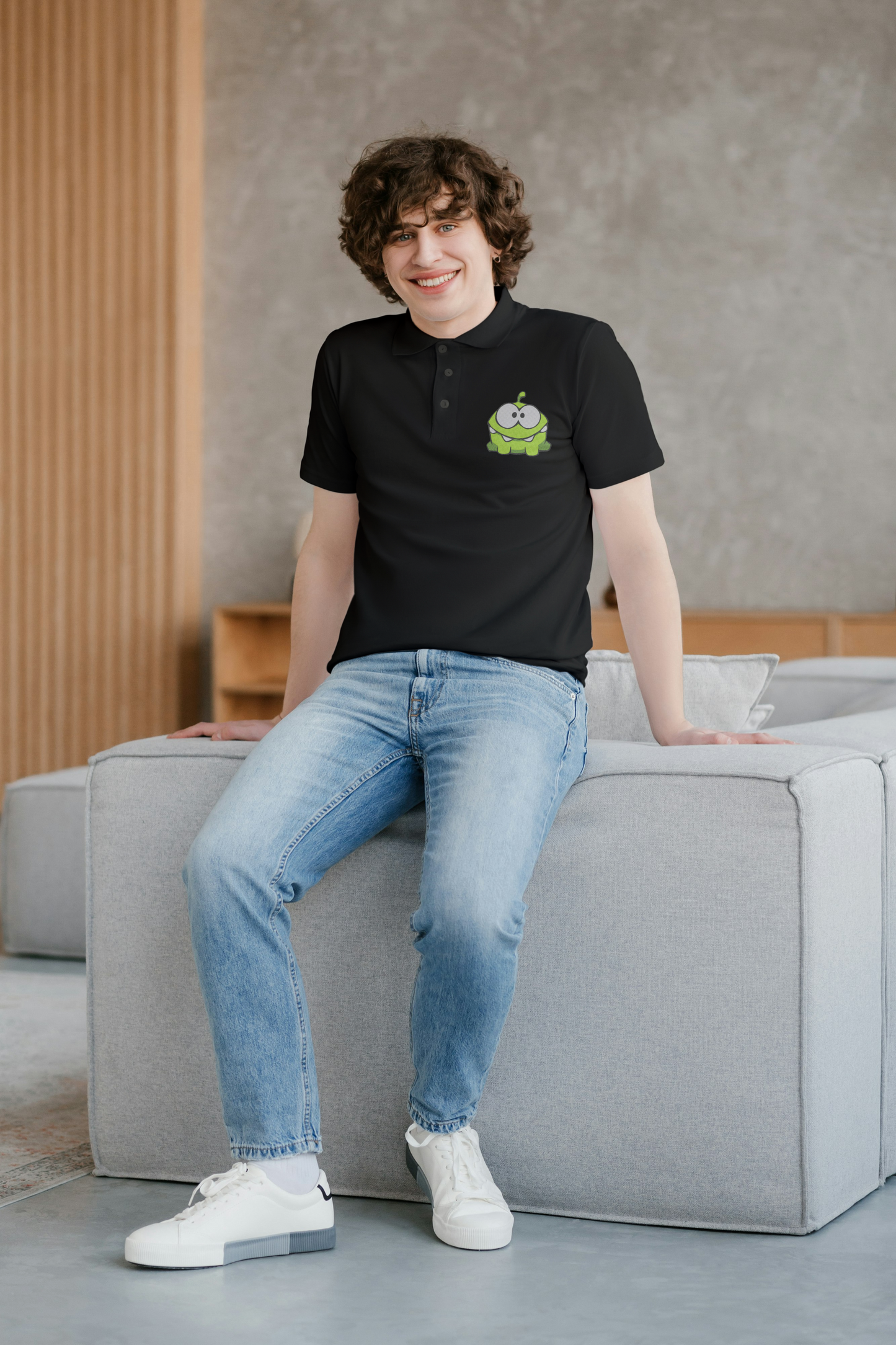 Black Polo Shirt with Om Nom Embroidery – Fun & Stylish Casual Wear