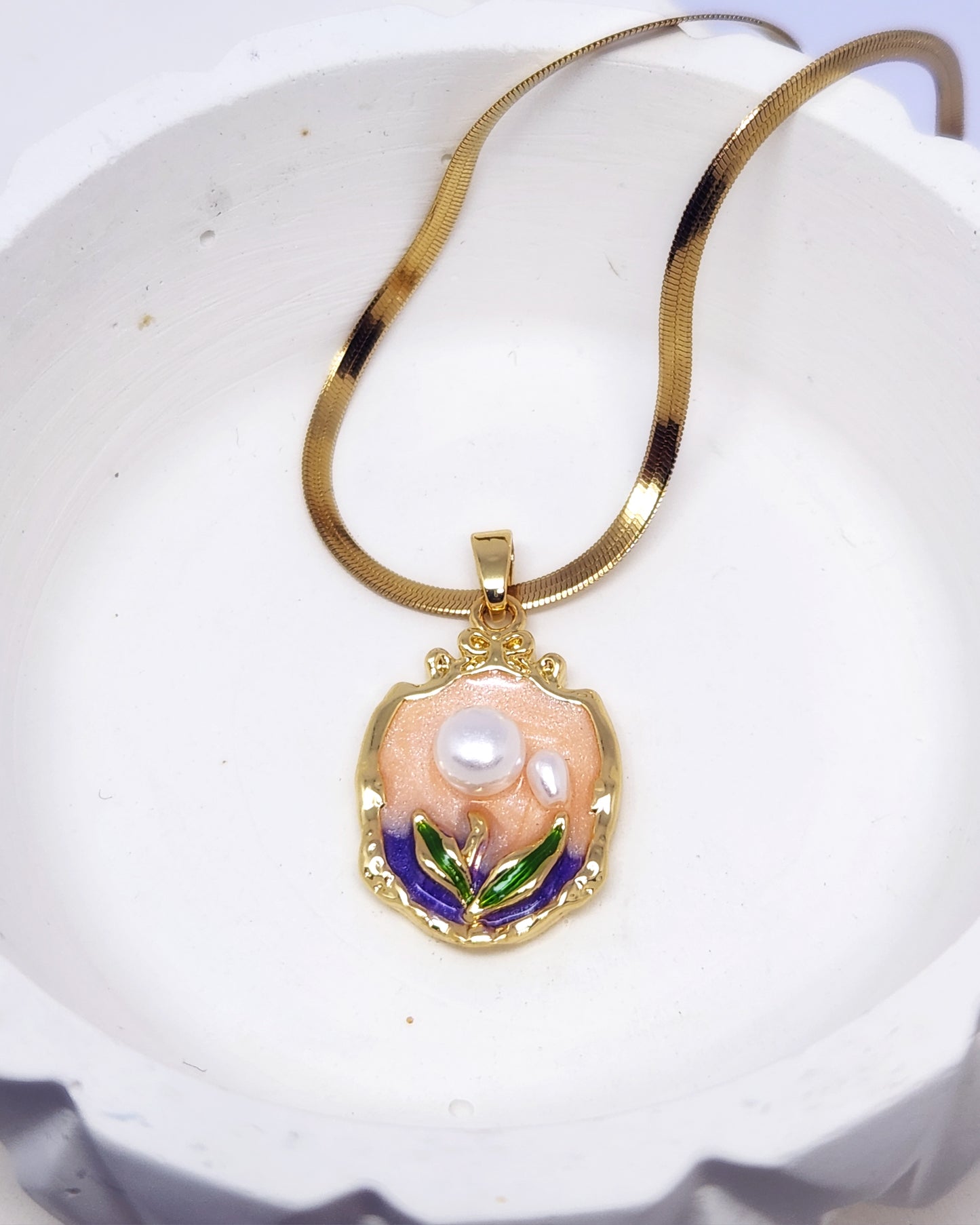The Auraé Crest Pendant | Bold Enamel & Pearl Necklace
