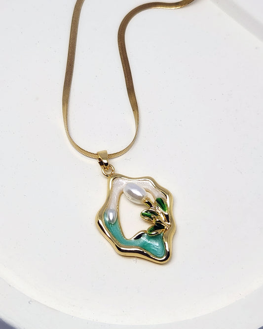 The Fluid Bloom Necklace | Enamel & Pearl Pendant