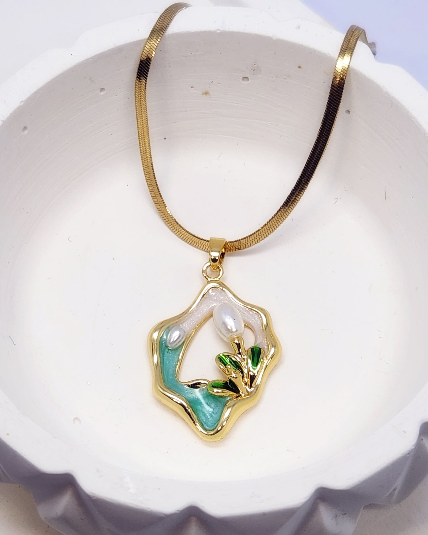 The Fluid Bloom Necklace | Enamel & Pearl Pendant