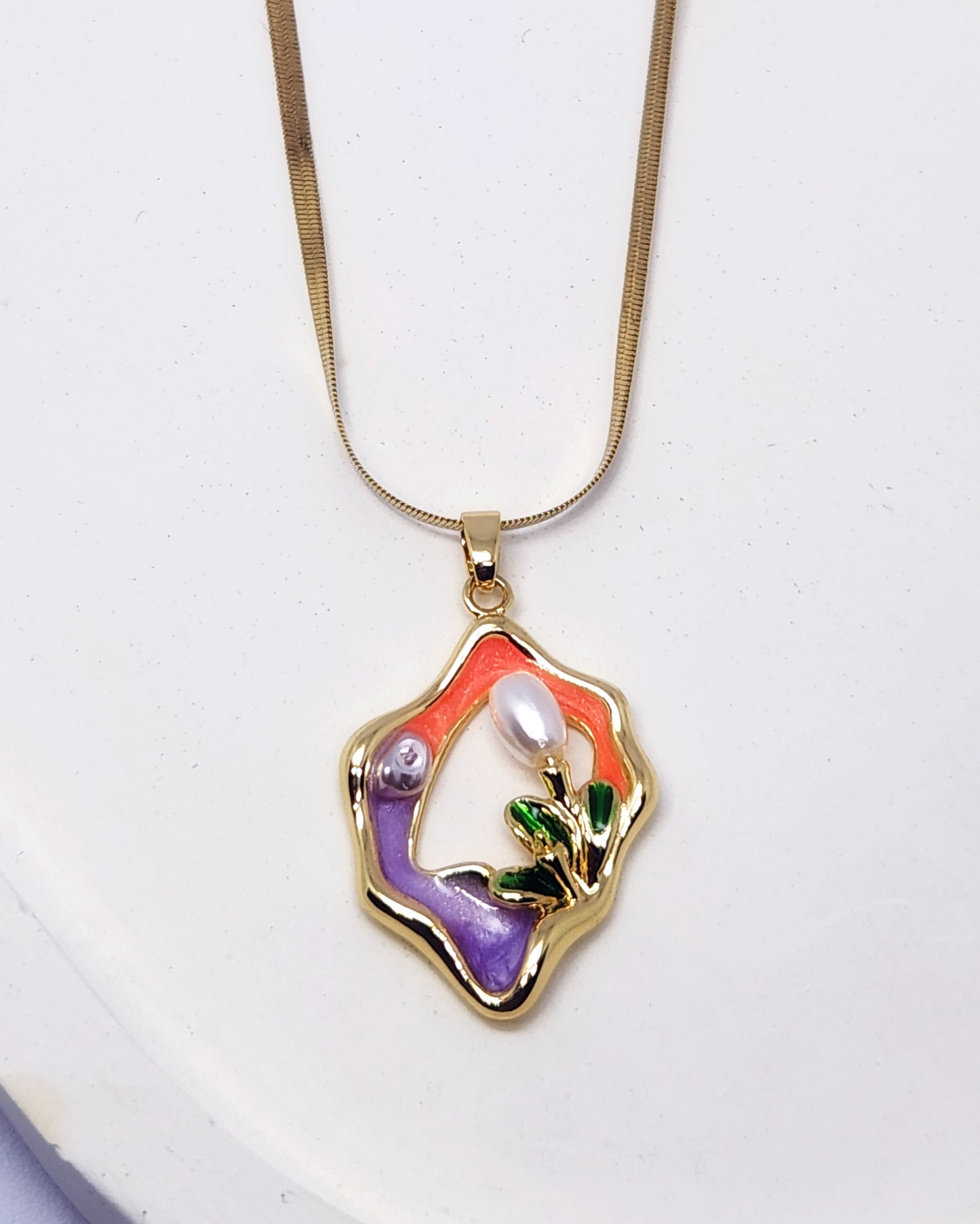 The Fluid Bloom Necklace | Enamel & Pearl Pendant