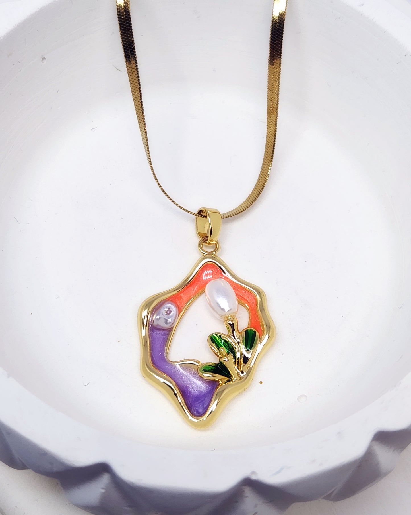 The Fluid Bloom Necklace | Enamel & Pearl Pendant