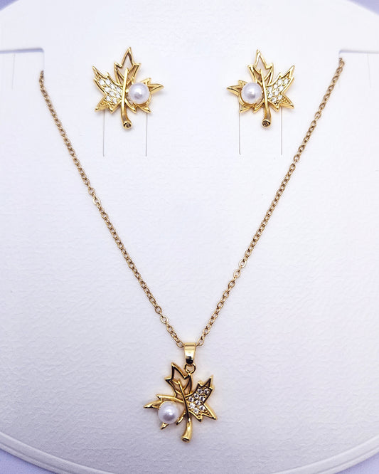 The Gilded Maple Jewelry Set | Pearl & Crystal Leaf Pendant