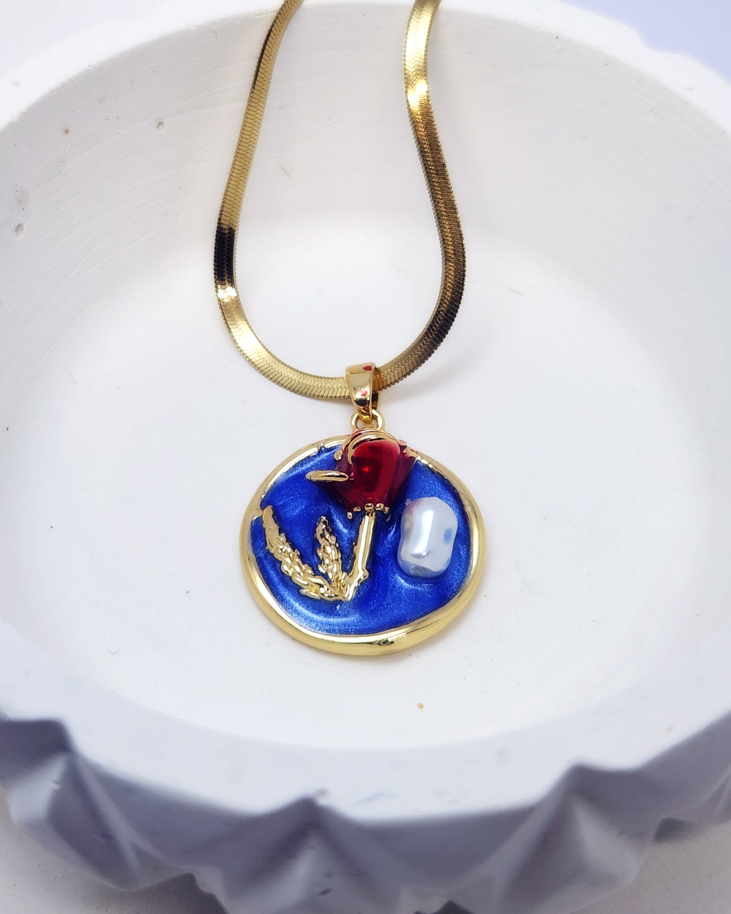 The Rose Portrait Pendant | Modern Enamel & Pearl Art