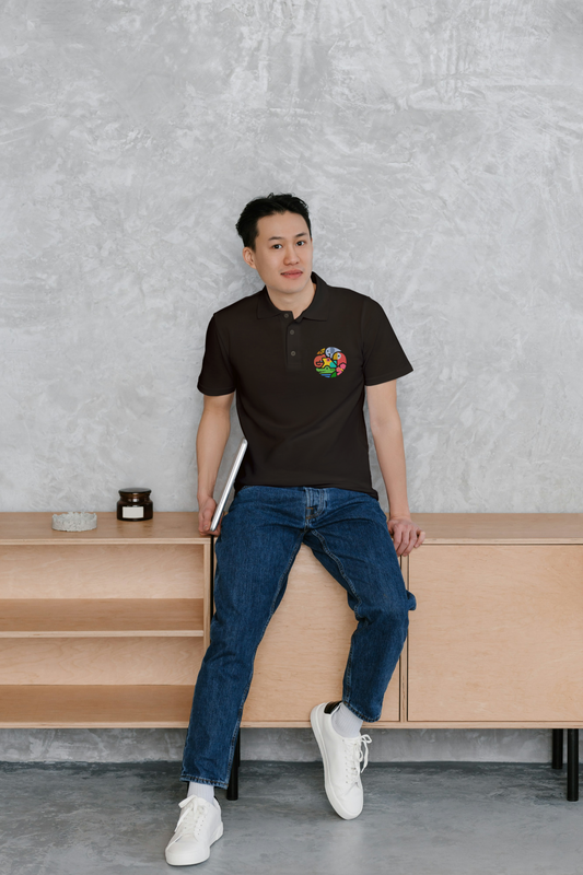 Coffee Brown Polo Shirt with Vibrant Animal Abstract Embroidery – Bold & Stylish