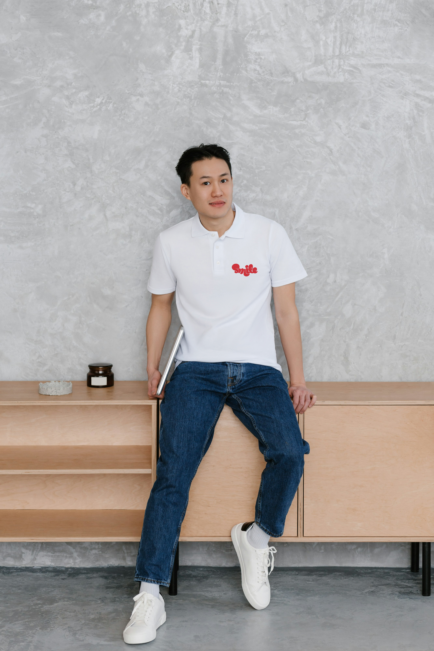 Minimalist White Polo with Red Smile Embroidery – Simple Yet Striking