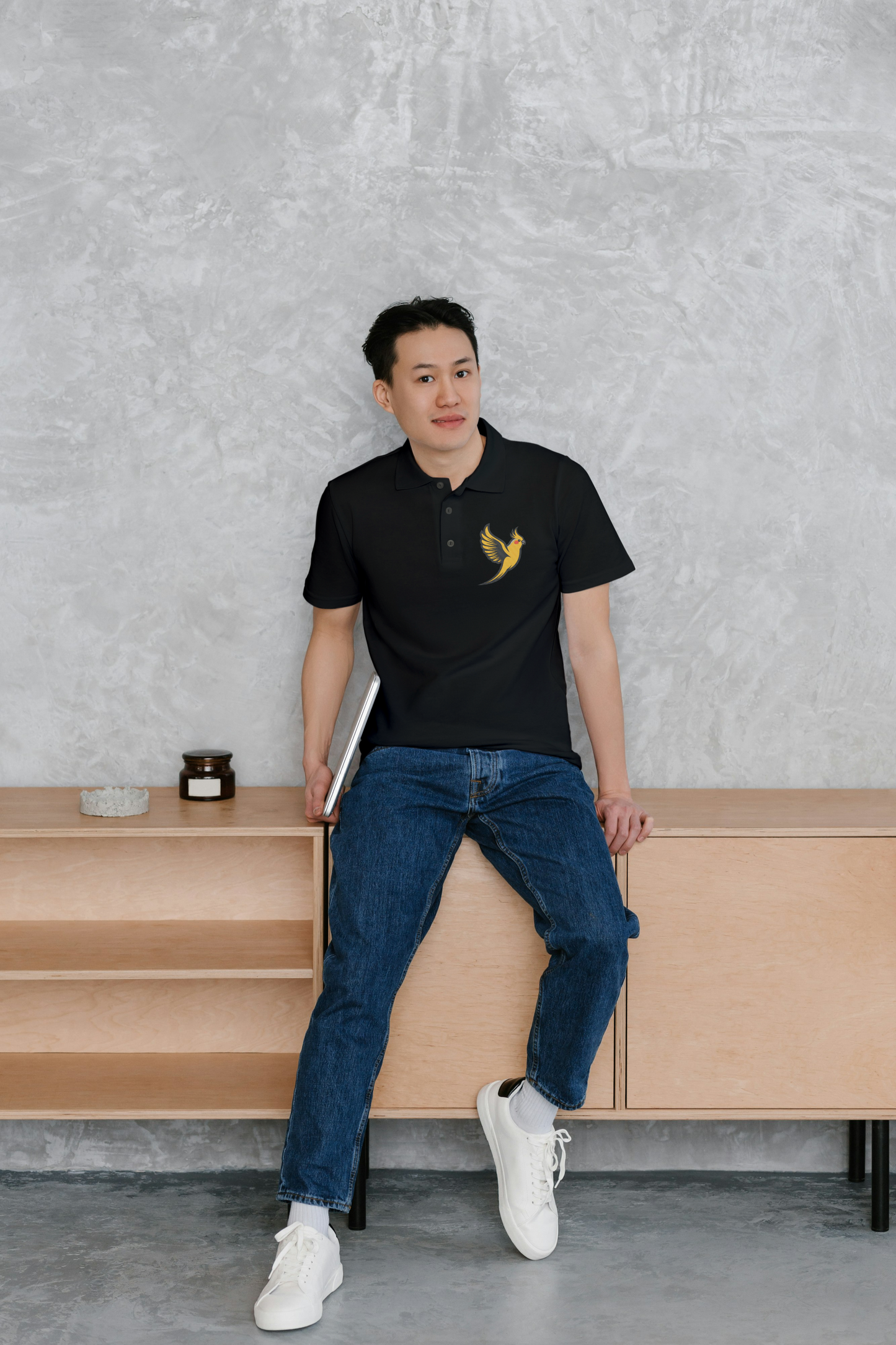 Elegant Cockatiel Embroidery on Black Polo – Perfect for Bird Lovers