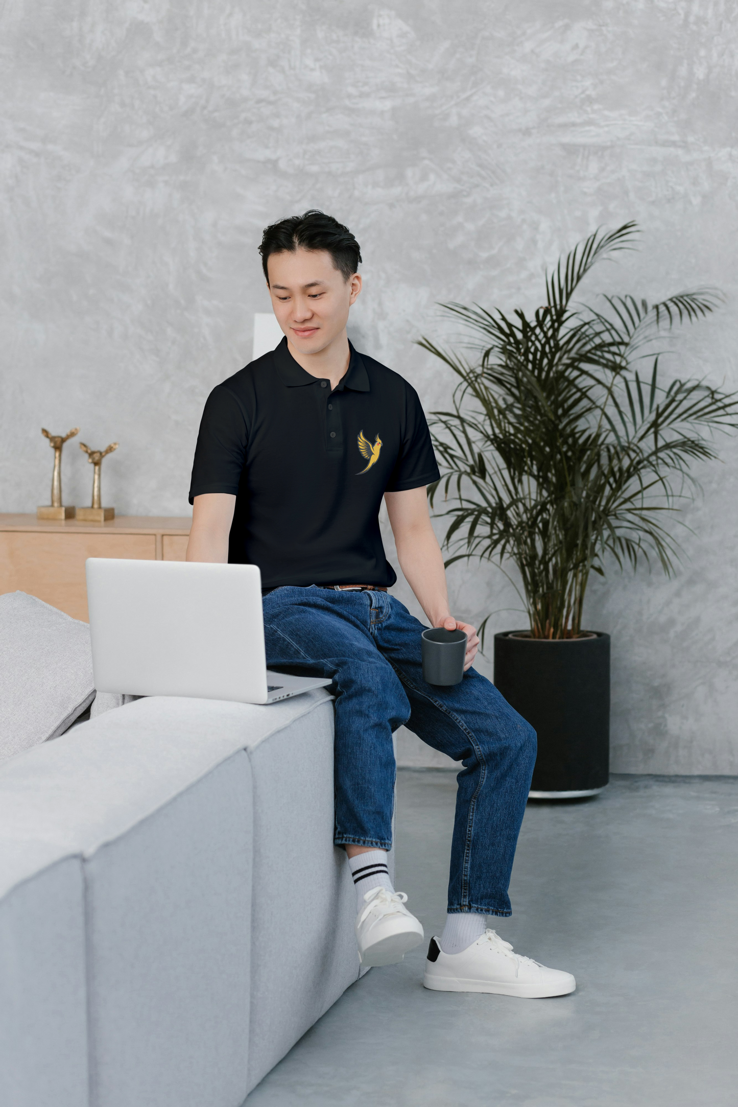 Elegant Cockatiel Embroidery on Black Polo – Perfect for Bird Lovers