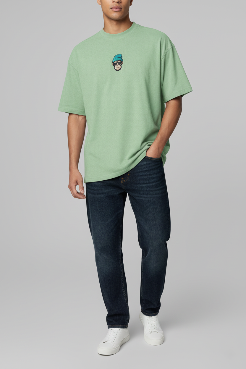 Oversized Drop Shoulder French Terry T-Shirt | Embroidered Chill Monkey | Jade Green