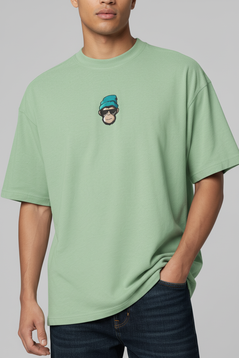 Oversized Drop Shoulder French Terry T-Shirt | Embroidered Chill Monkey | Jade Green
