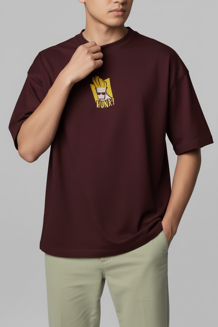 Johnny Bravo "HUNK!" Embroidered Tee | Maroon Oversized Terry T-Shirt