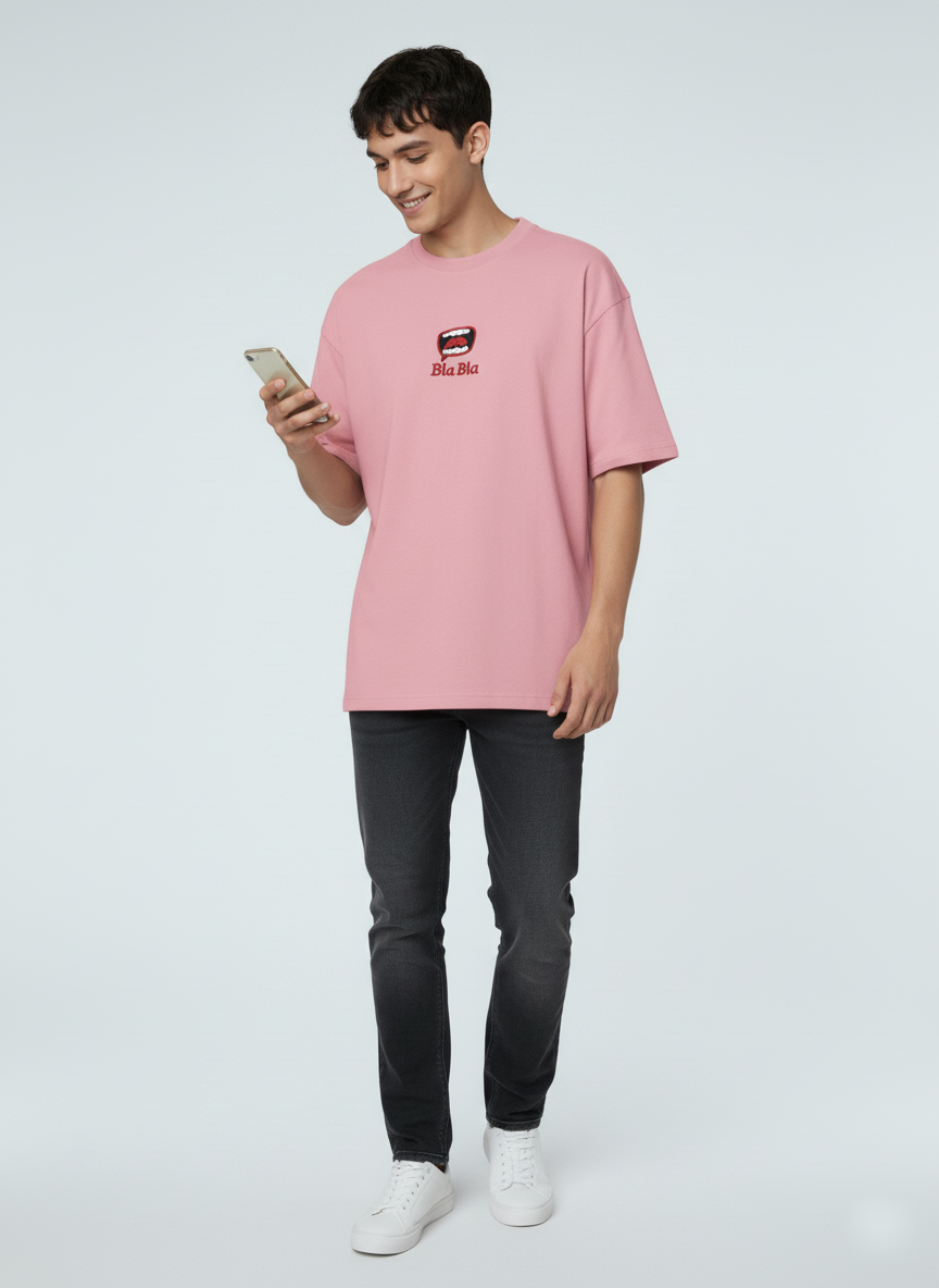 French Terry Knit Oversized T-Shirt - Flamingo Pink | "Bla Bla" Embroidery | Unisex