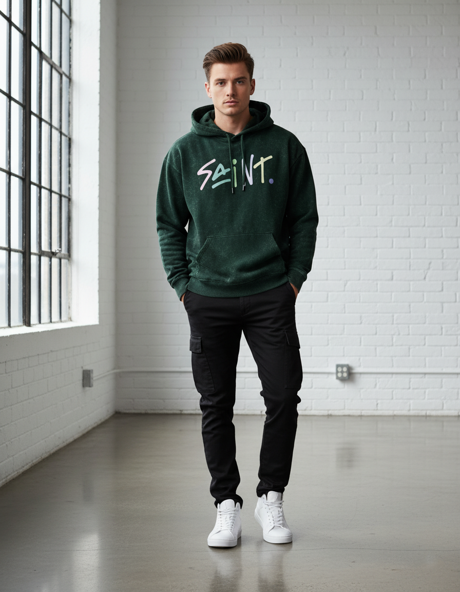 SAINT Pastel Acid Wash Hoodie in Bottle Green