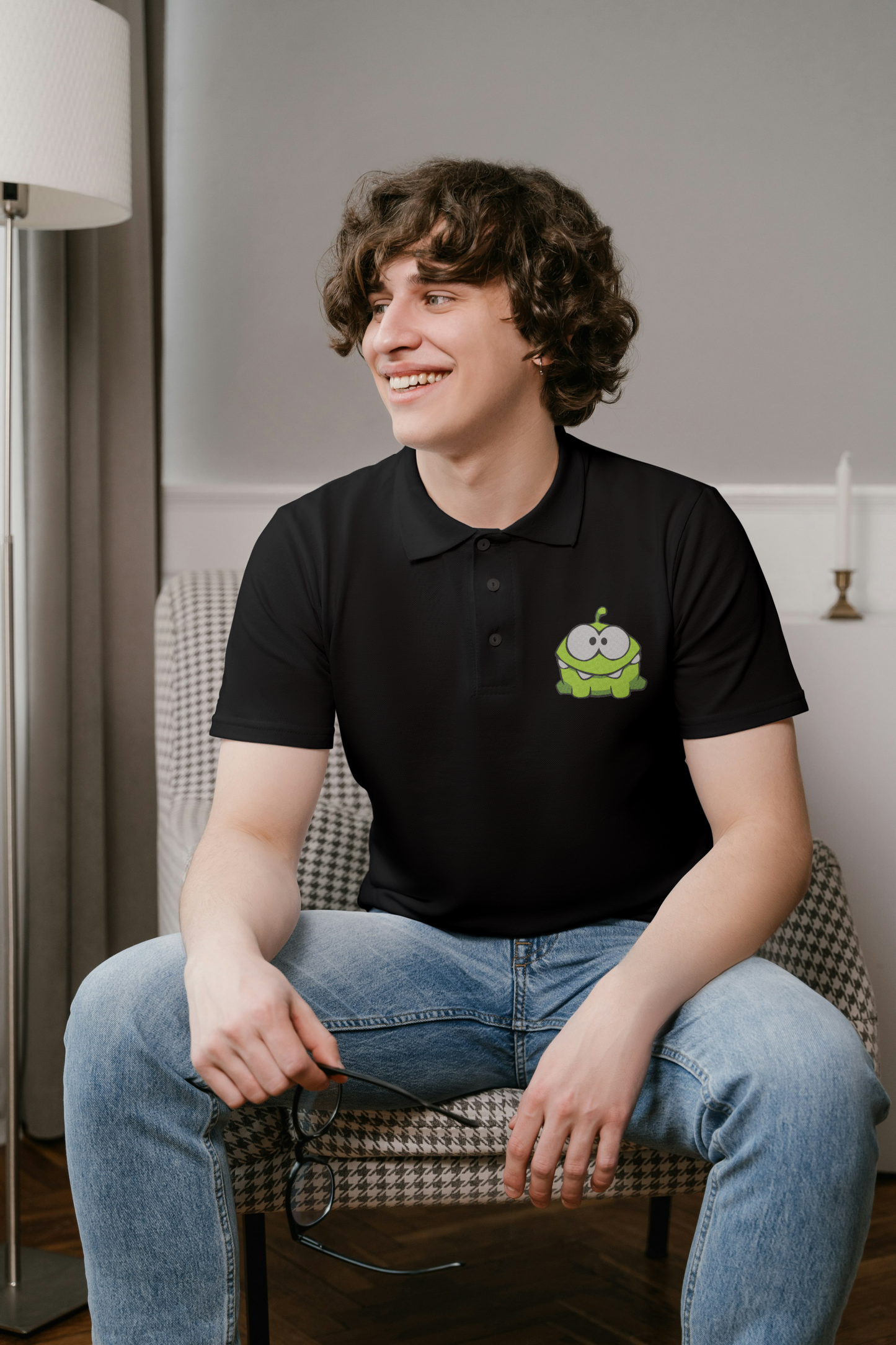 Black Polo Shirt with Om Nom Embroidery – Fun & Stylish Casual Wear