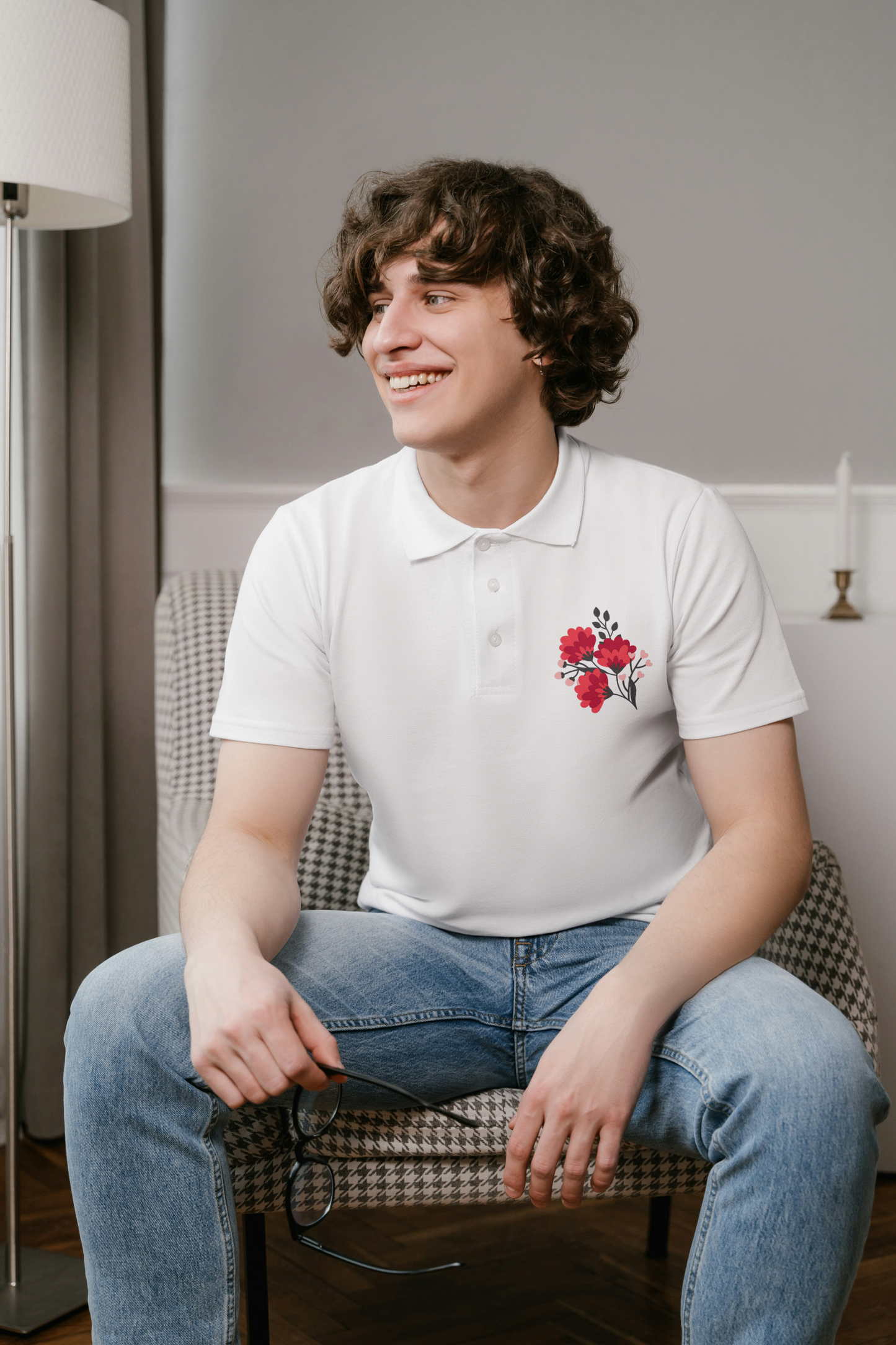 White Polo Shirt with Elegant Floral Embroidery – Timeless & Stylish