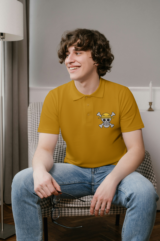 Mustard Yellow Polo with One Piece-Inspired Straw Hat Pirate Logo – Bold & Fashionable