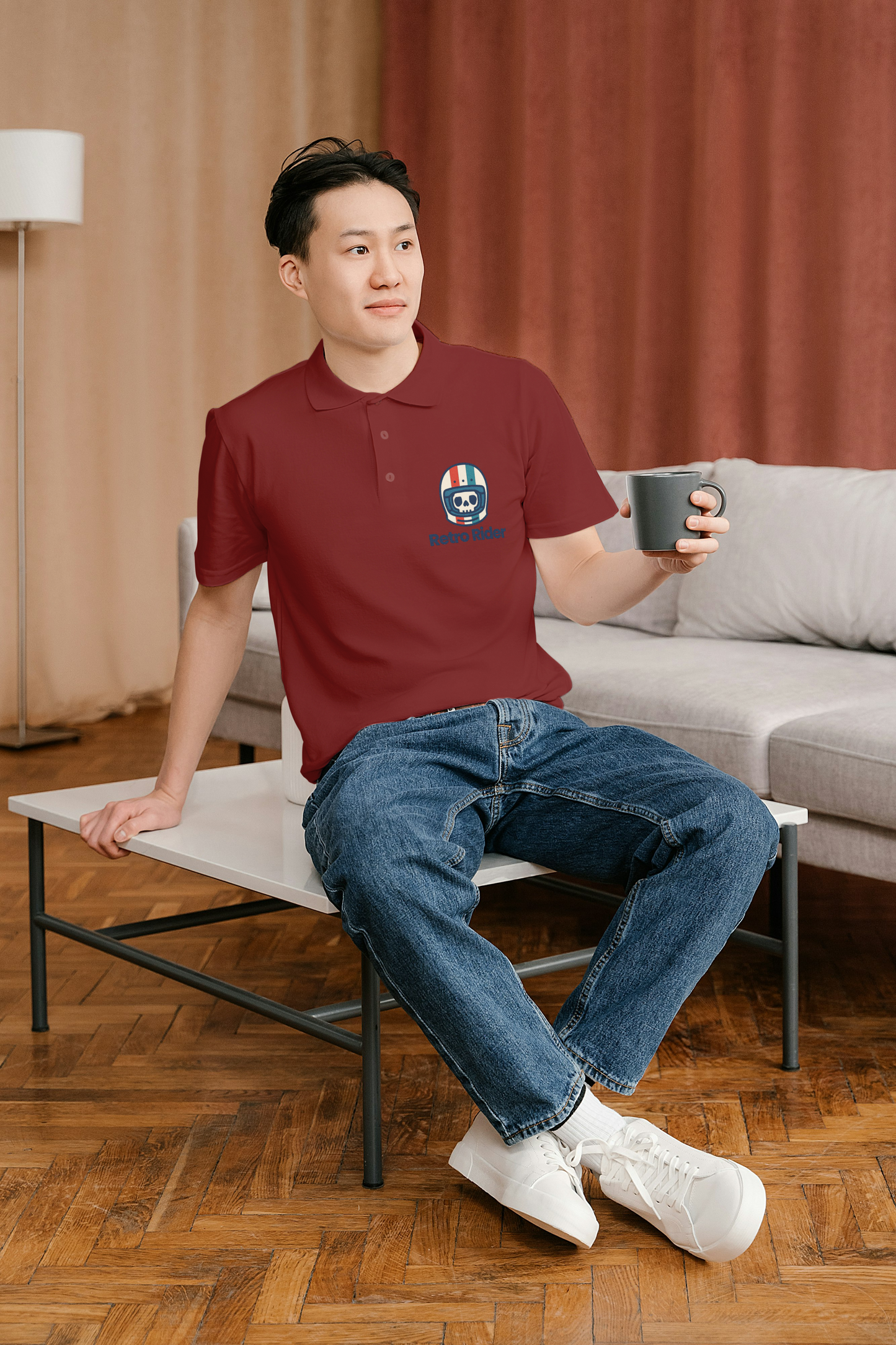 Brick Red Polo with Skull Helmet Embroidery – Retro Rider Style