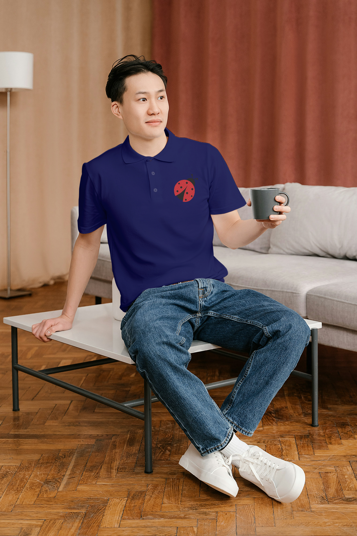 Men’s Royal Blue Polo with Ladybug Embroidery – Elegant & Playful Design
