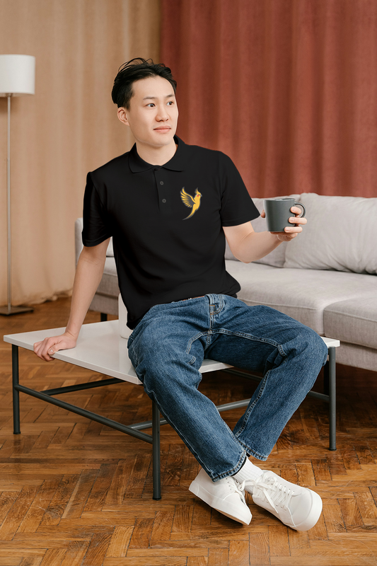 Elegant Cockatiel Embroidery on Black Polo – Perfect for Bird Lovers