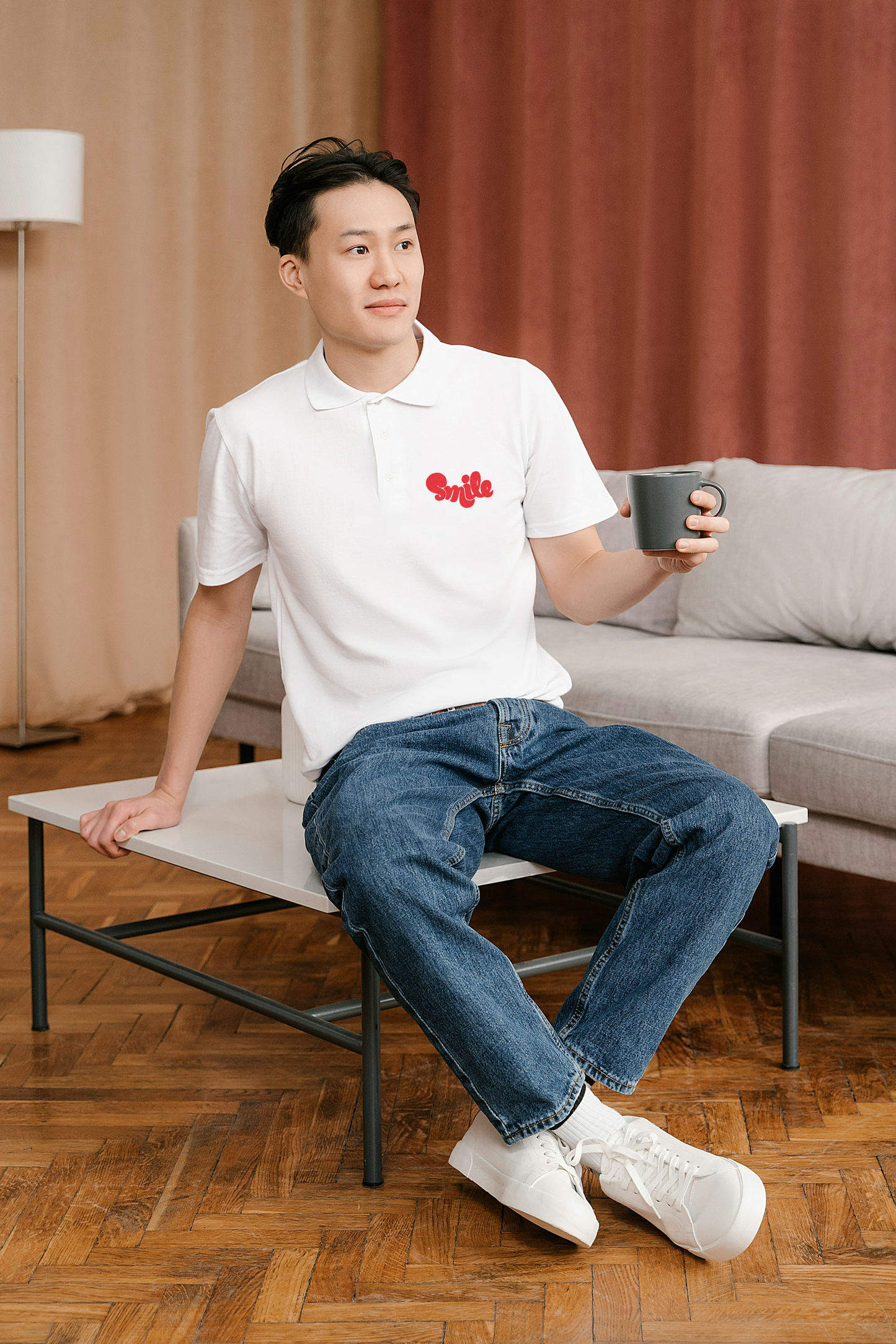 Minimalist White Polo with Red Smile Embroidery – Simple Yet Striking