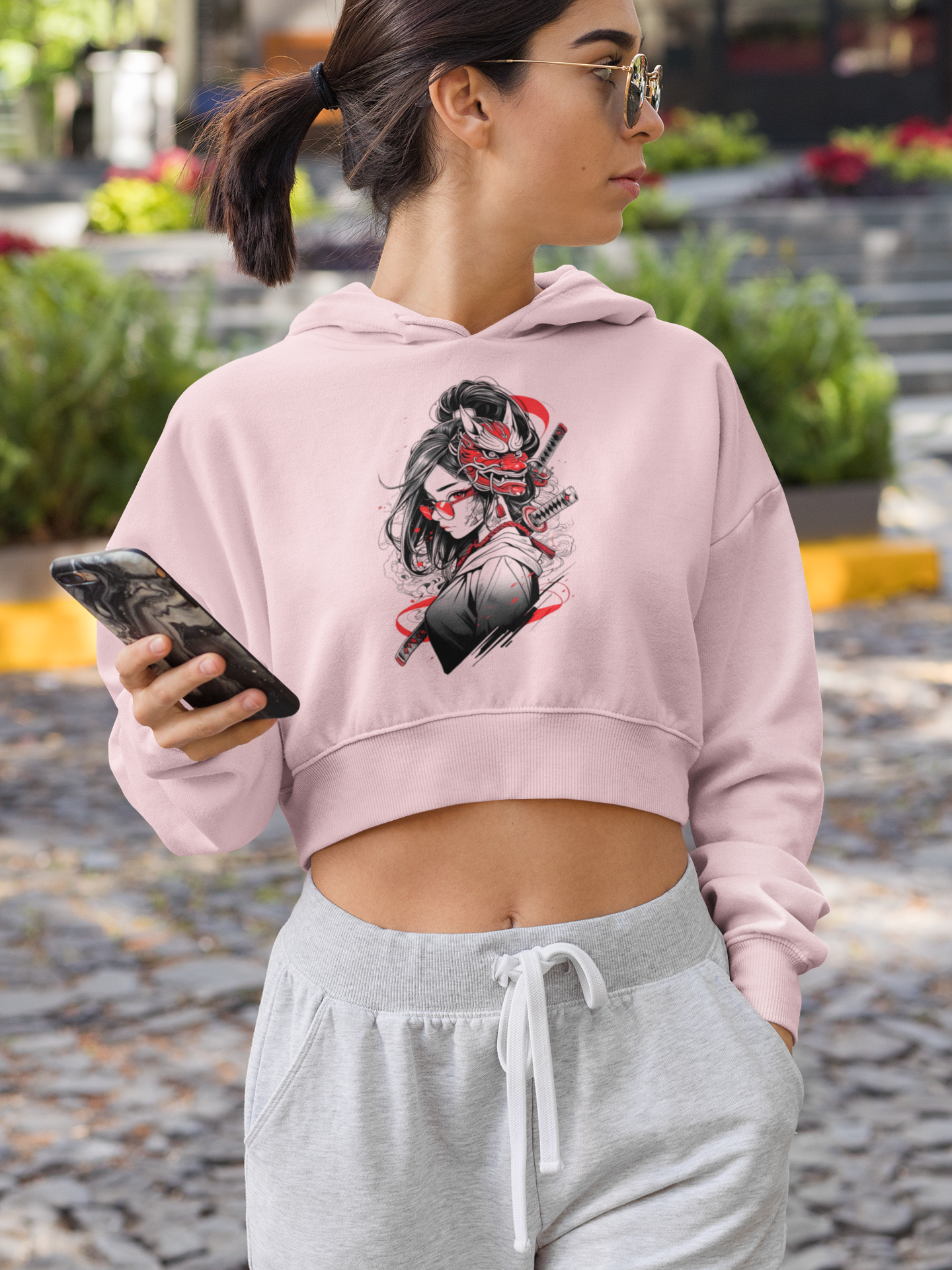 Fierce Elegance Baby Pink Crop Hoodie – Dragon Mask Samurai Girl Edition