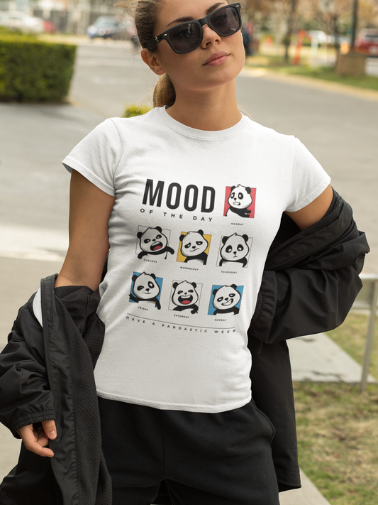 Minimal & Playful White Women's Tee – ‘Have a Pandastic Week’ with Funny Panda Faces