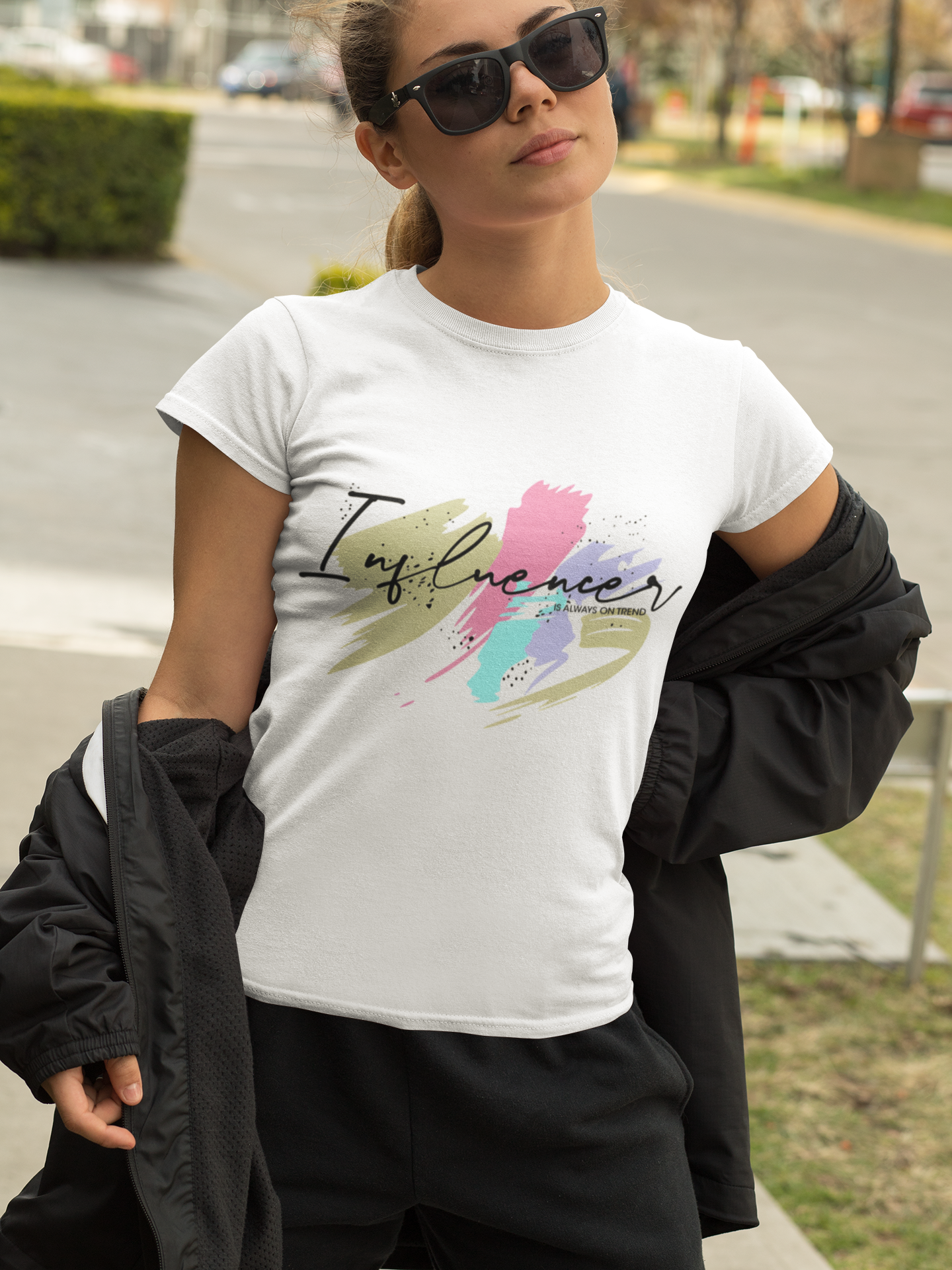 Statement-Making Women's Tee – Colorful ‘Influencer’ Design on White
