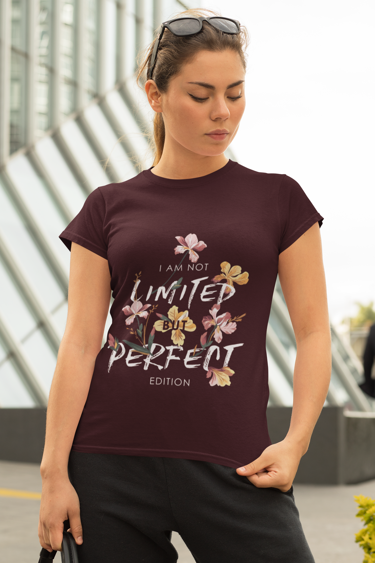 Women's Maroon T-Shirt – Elegant Floral Print 'I Am Not Limited, But Perfect Edition'