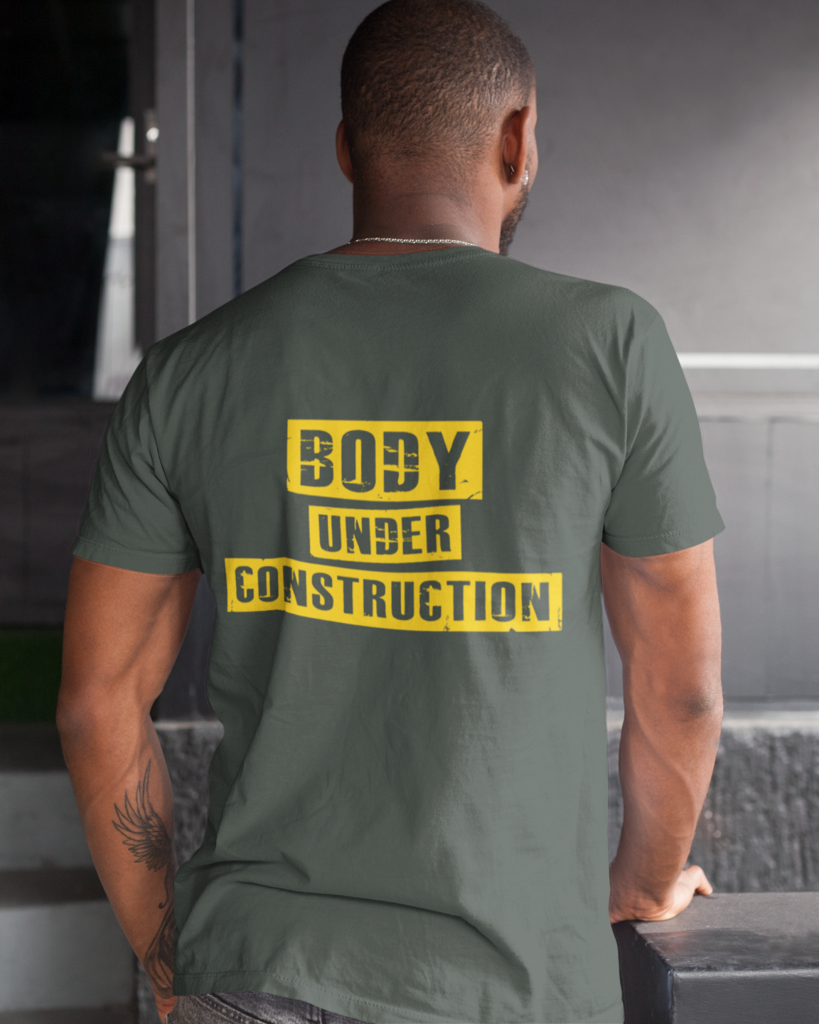 "Body Under Construction" Printed Round Neck Half Sleeve Steel Grey T-shirt