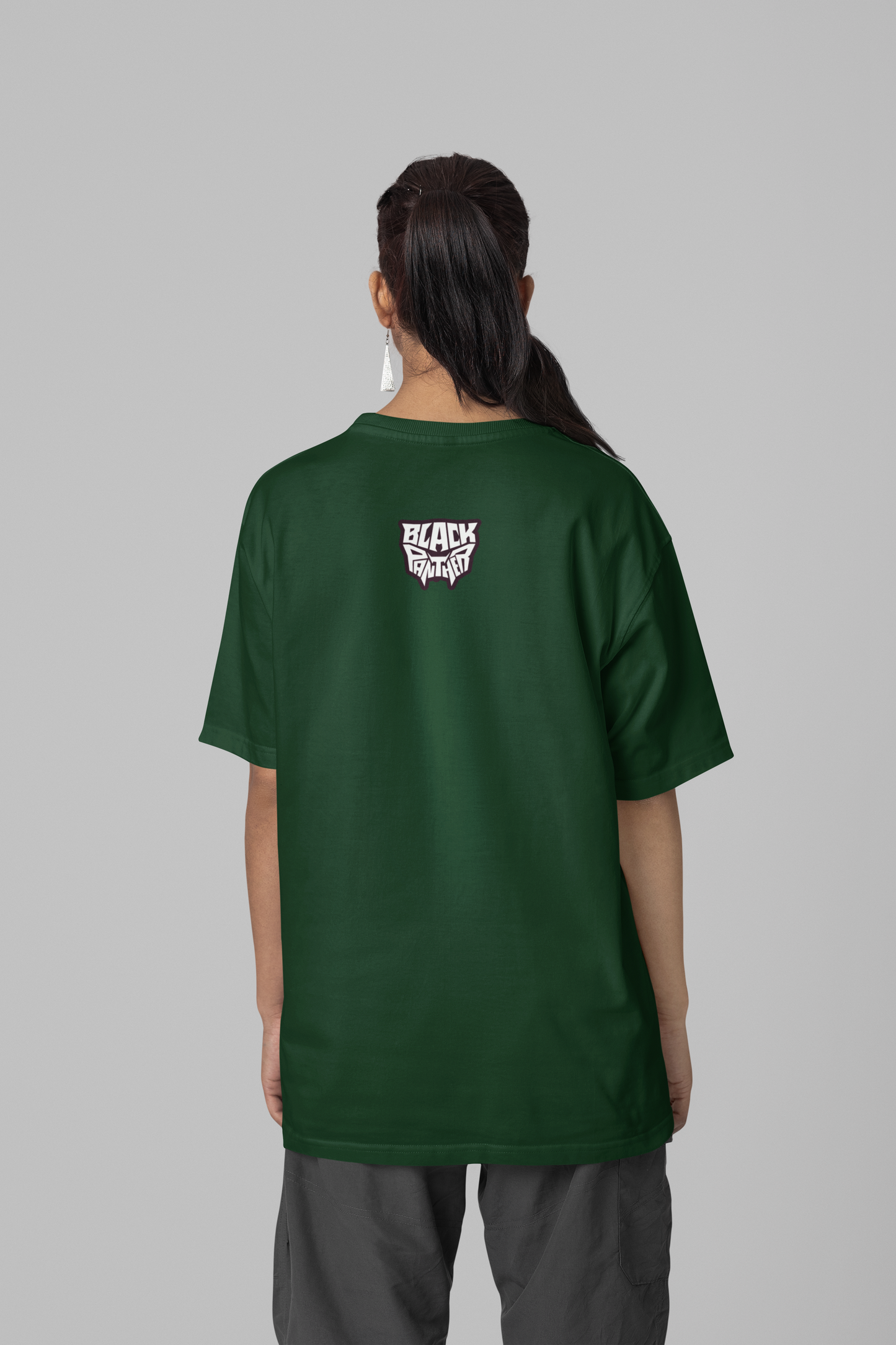 Bottle Green Oversized Unisex T-shirt With chibi Black Panther In Action