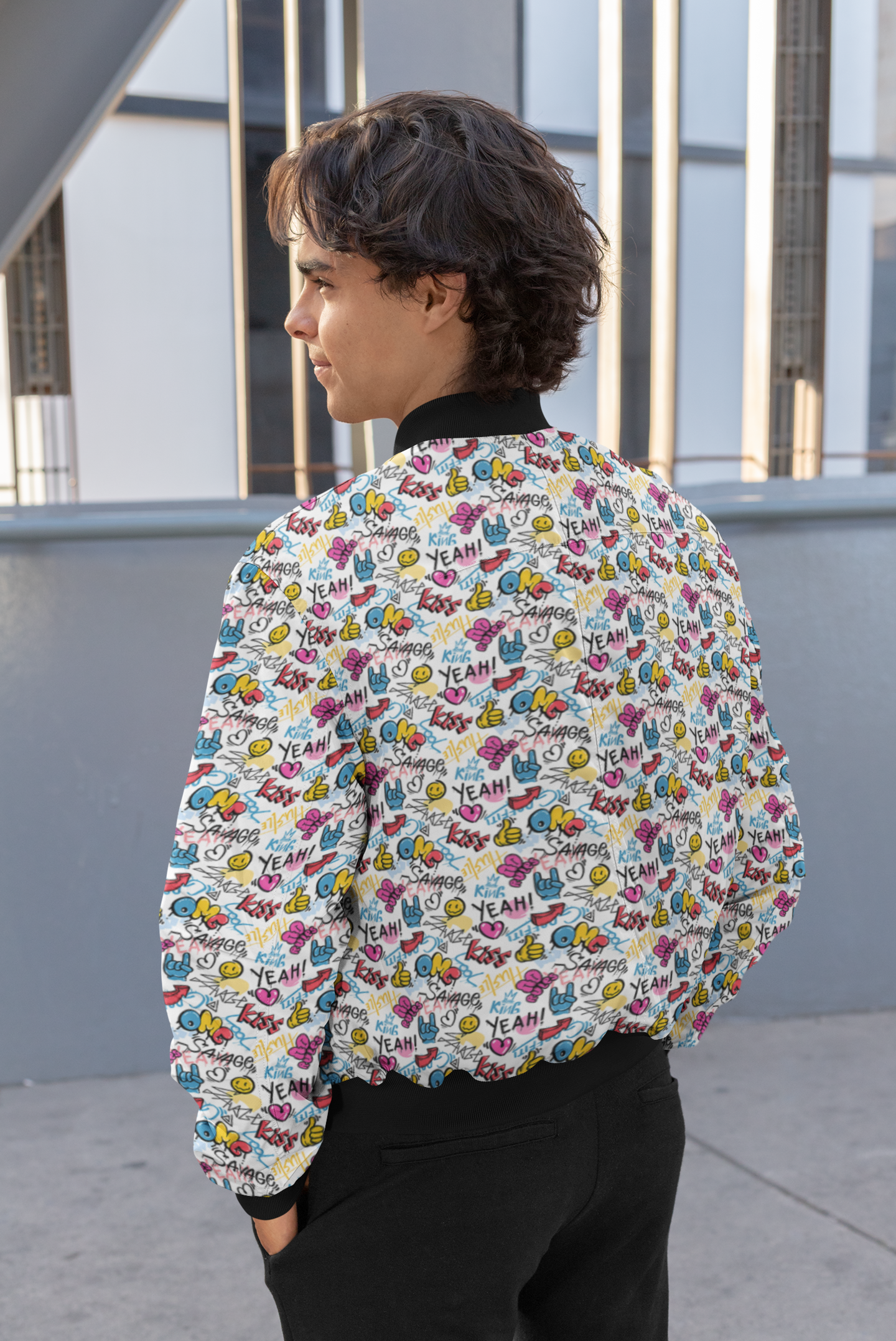 Urban Edge: Men's Graffiti Pattern Bomber Jacket