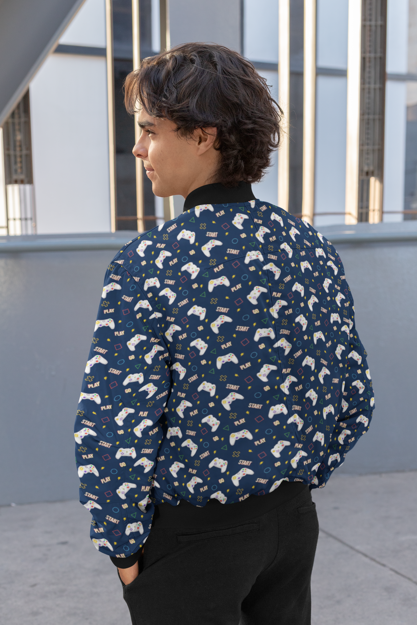 Level Up: Gamer's Blue Game Controller Print Bomber Jacket