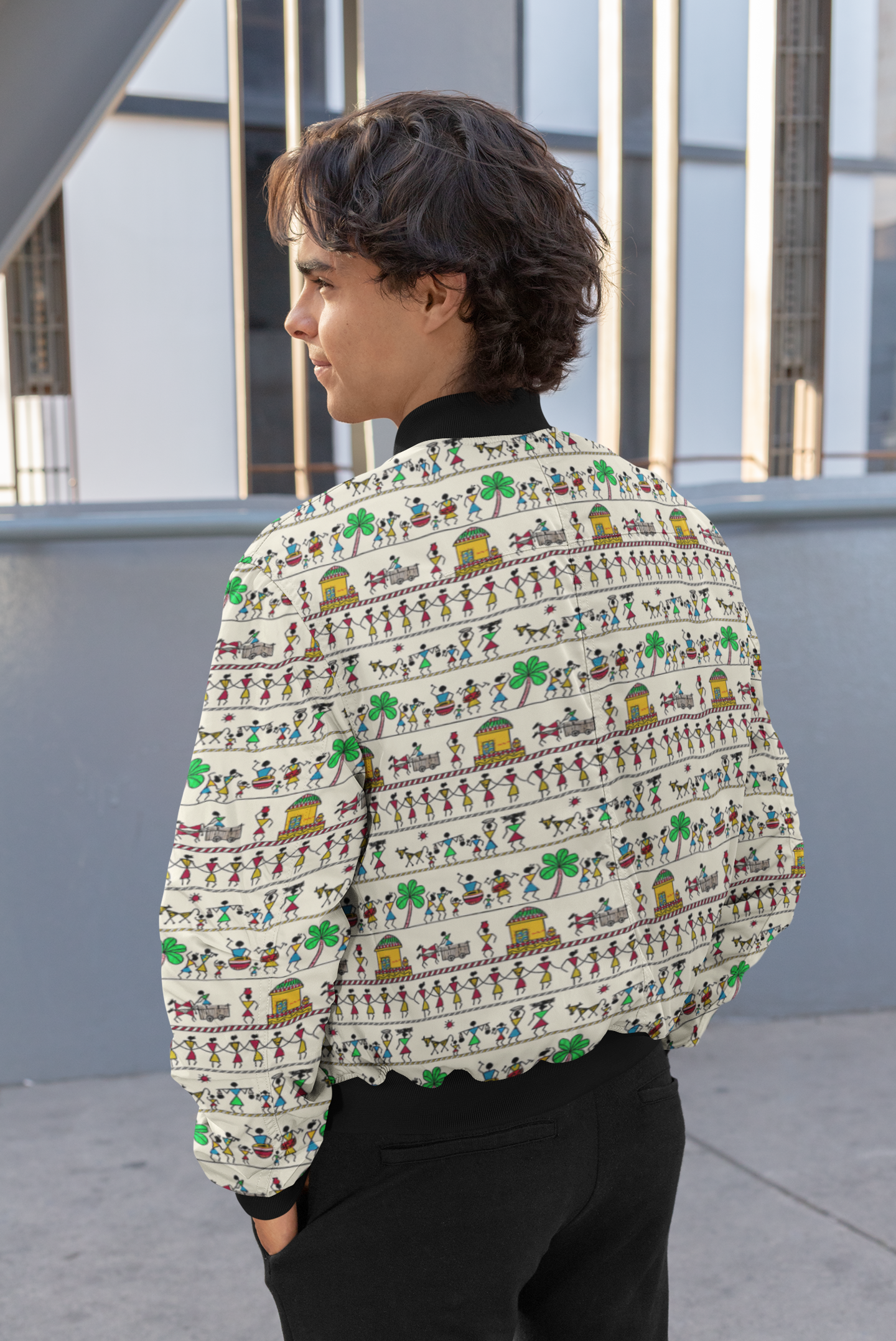 Warli Wonders: Men's Artistic Pattern Bomber Jacket