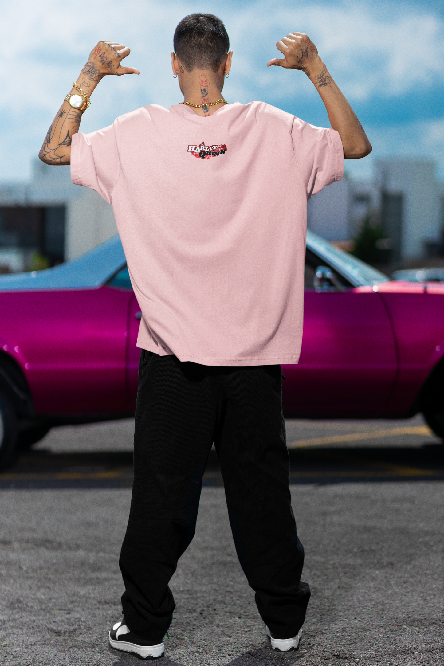 Baby Pink Oversized Unisex T-shirt With Chibi Harley Quinn