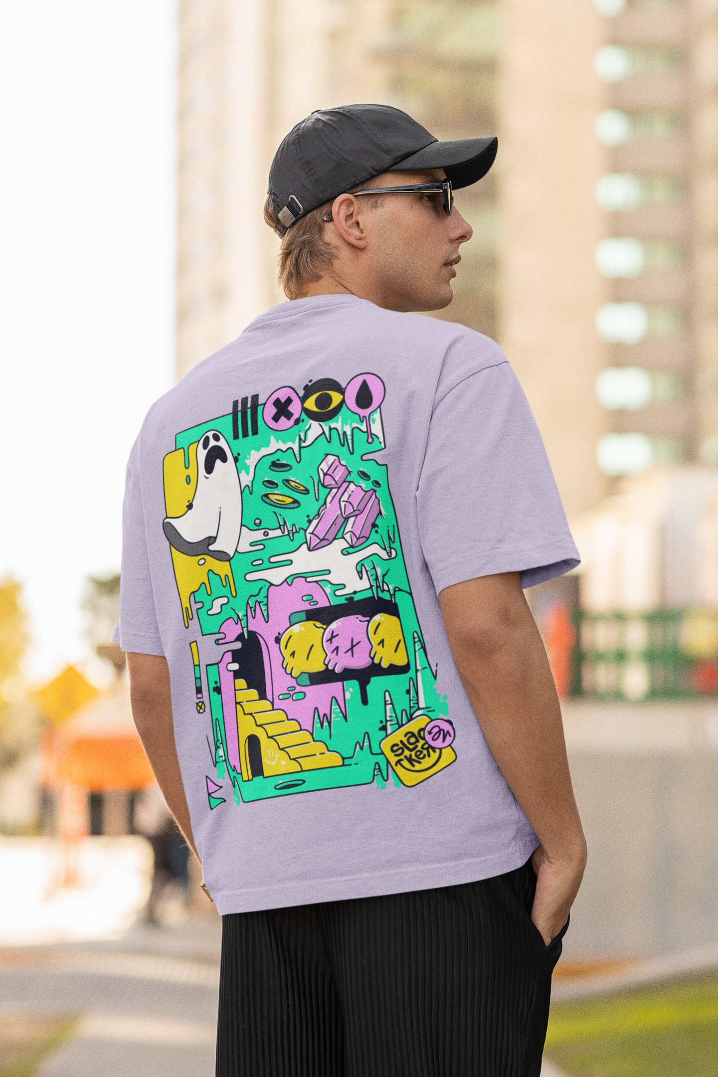 Lavender Oversized Tee – Whimsical Ghost Art Print, Unisex Style