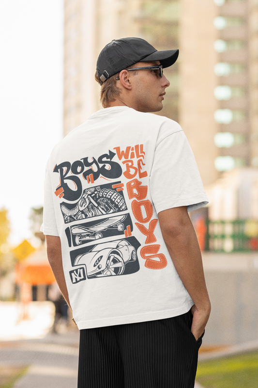 Uniquely Designed Oversized White Tee - "Boys Will Be Boys" – Comfortable & Cool