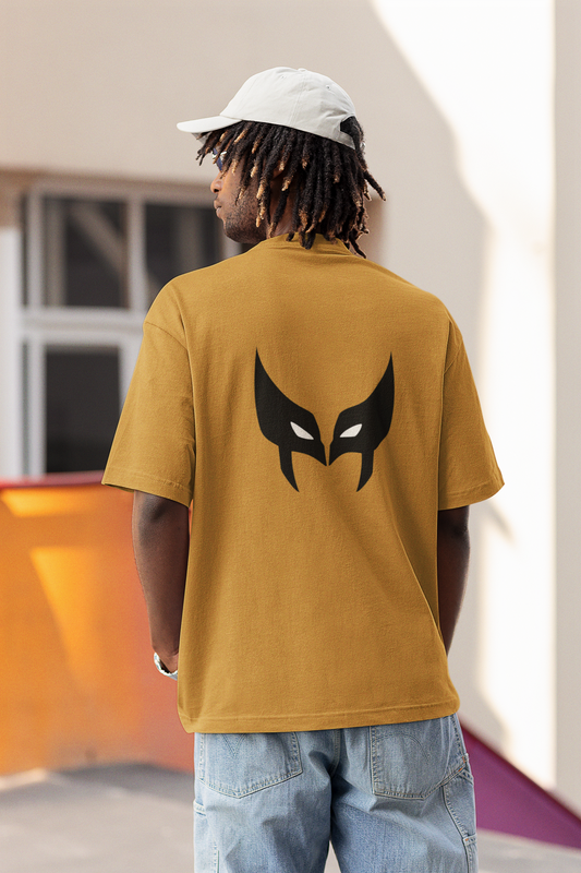 Mustard Yellow Oversized Unisex T-shirt With Comic Wolverine Mask Print
