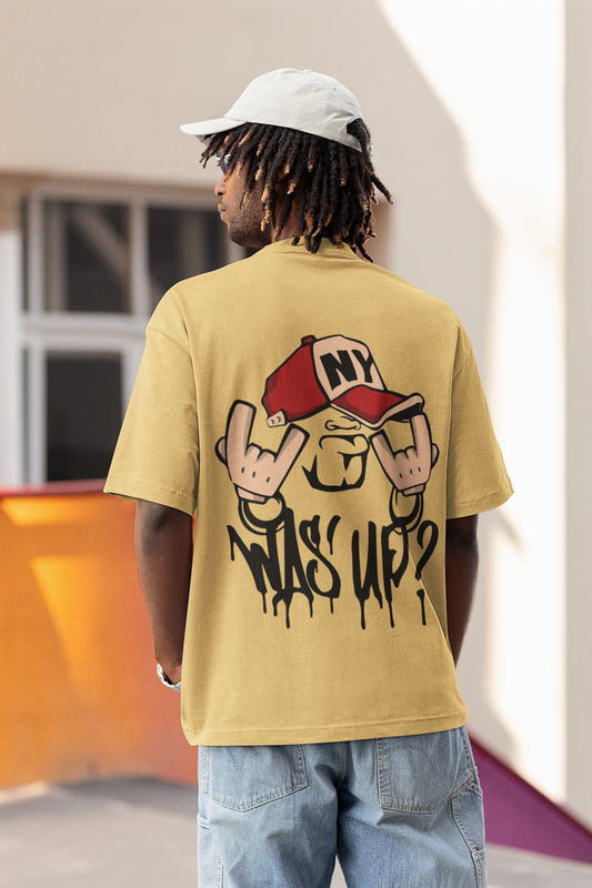 Streetwear Mustard Yellow T-Shirt – Oversized Fit with "Wasup" Print