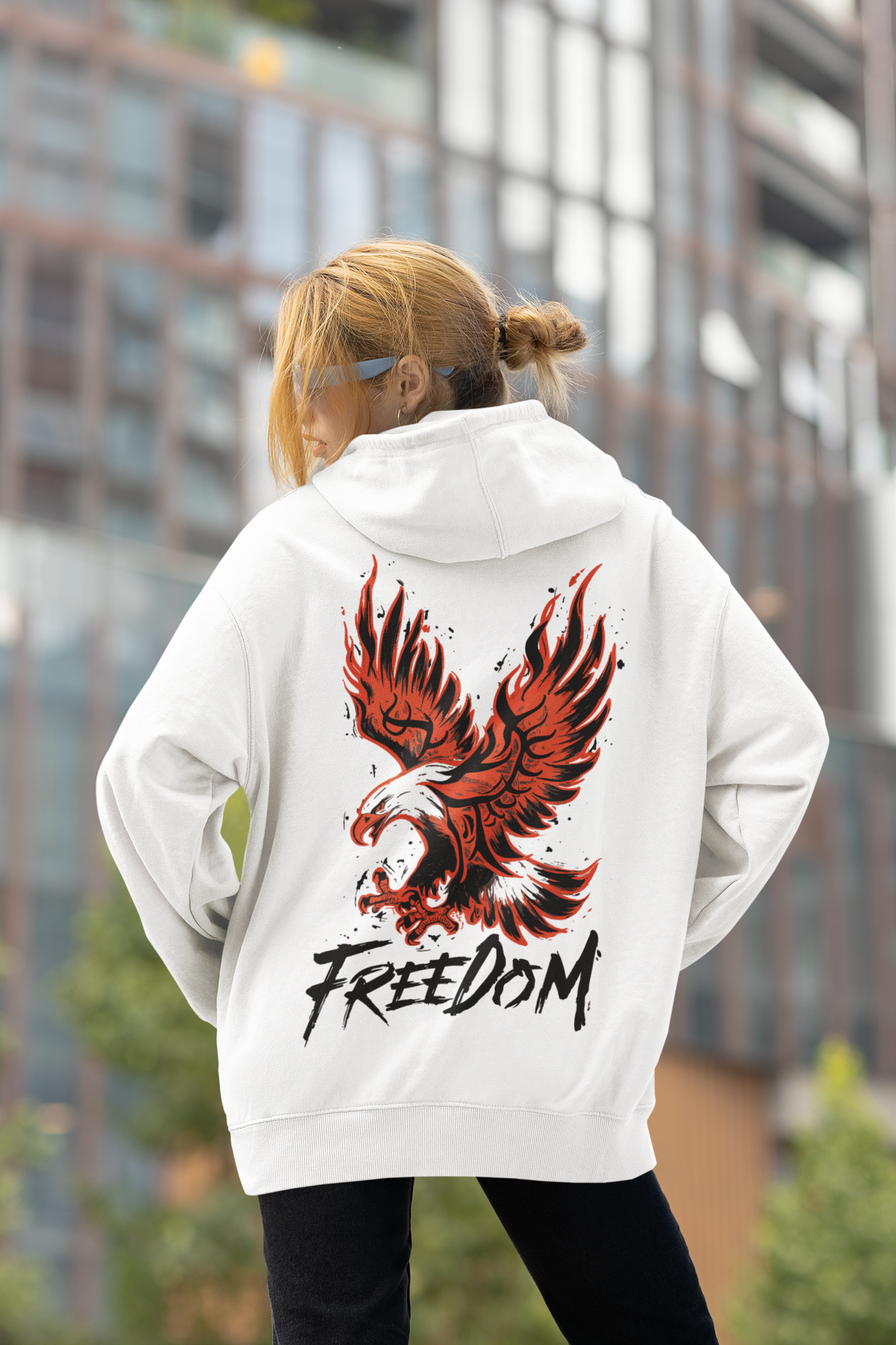 Freedom's Flight: Fiery Eagle Printed White Hoodie