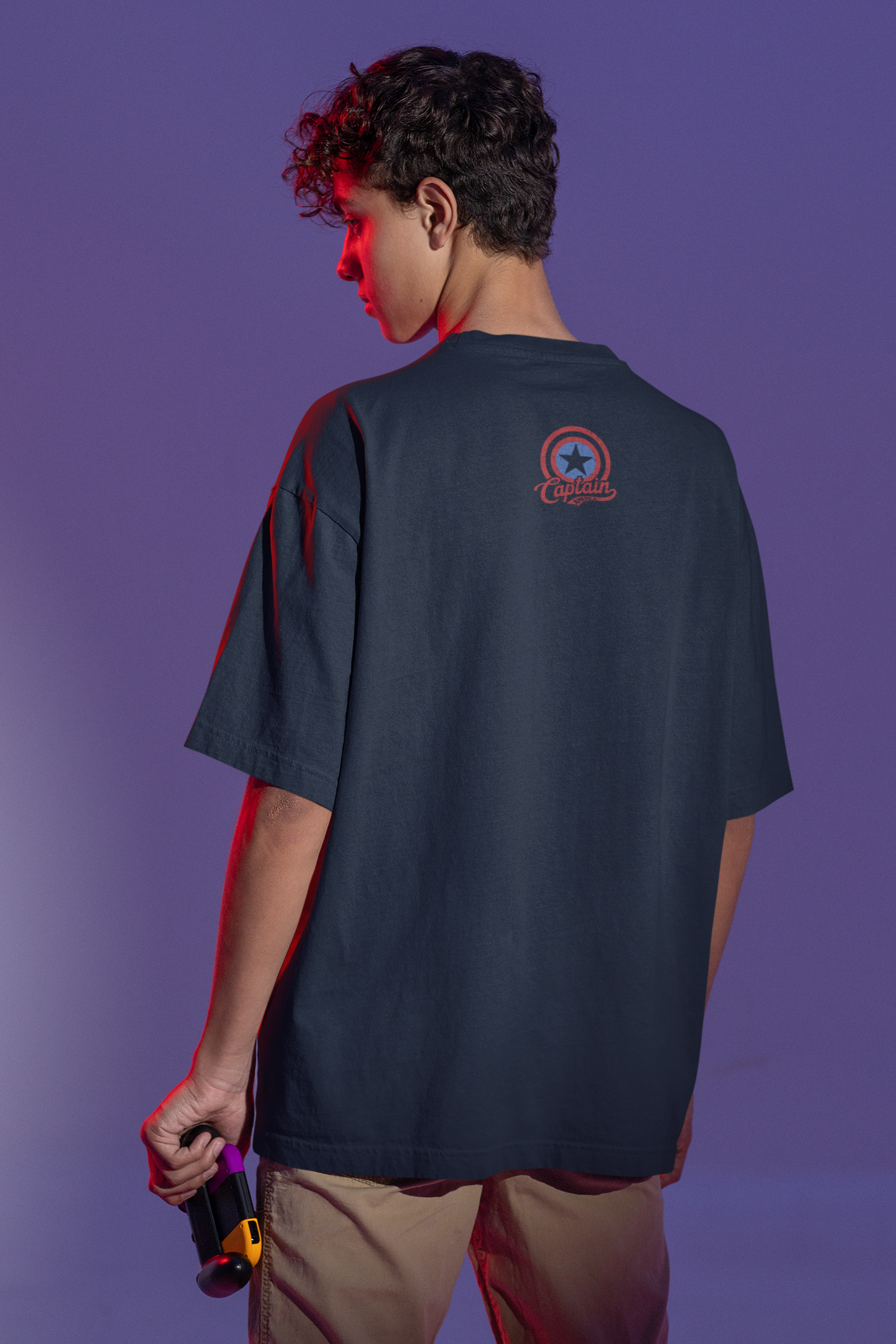 Navy Blue Oversized Unisex T-shirt With Captain America Chibi