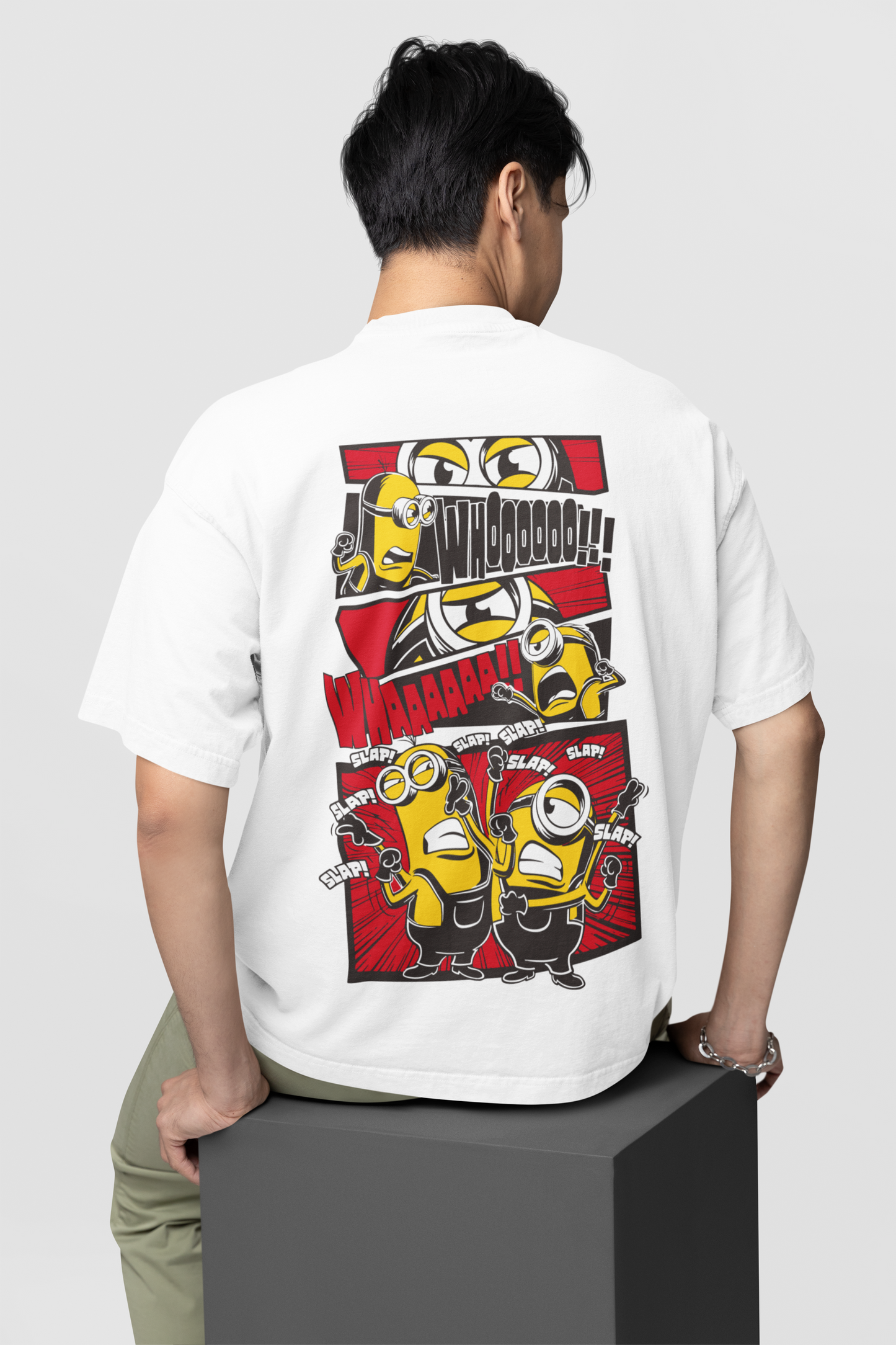 Unisex White Oversized Minions T-Shirt with Kung Fu Comic Design