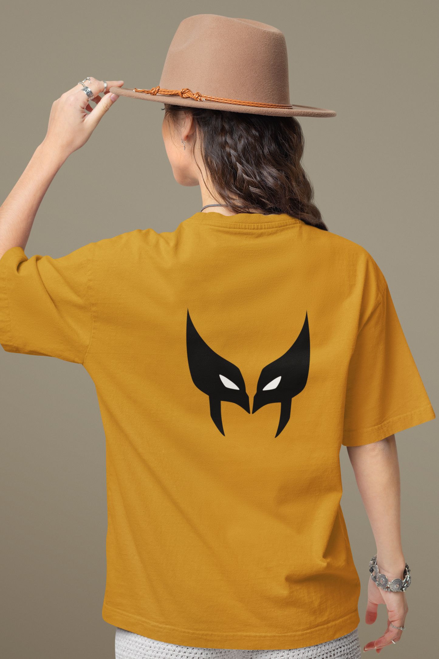 Mustard Yellow Oversized Unisex T-shirt With Comic Wolverine Mask Print