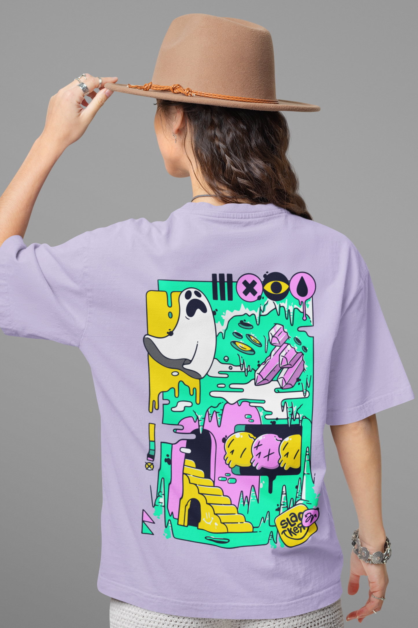Lavender Oversized Tee – Whimsical Ghost Art Print, Unisex Style