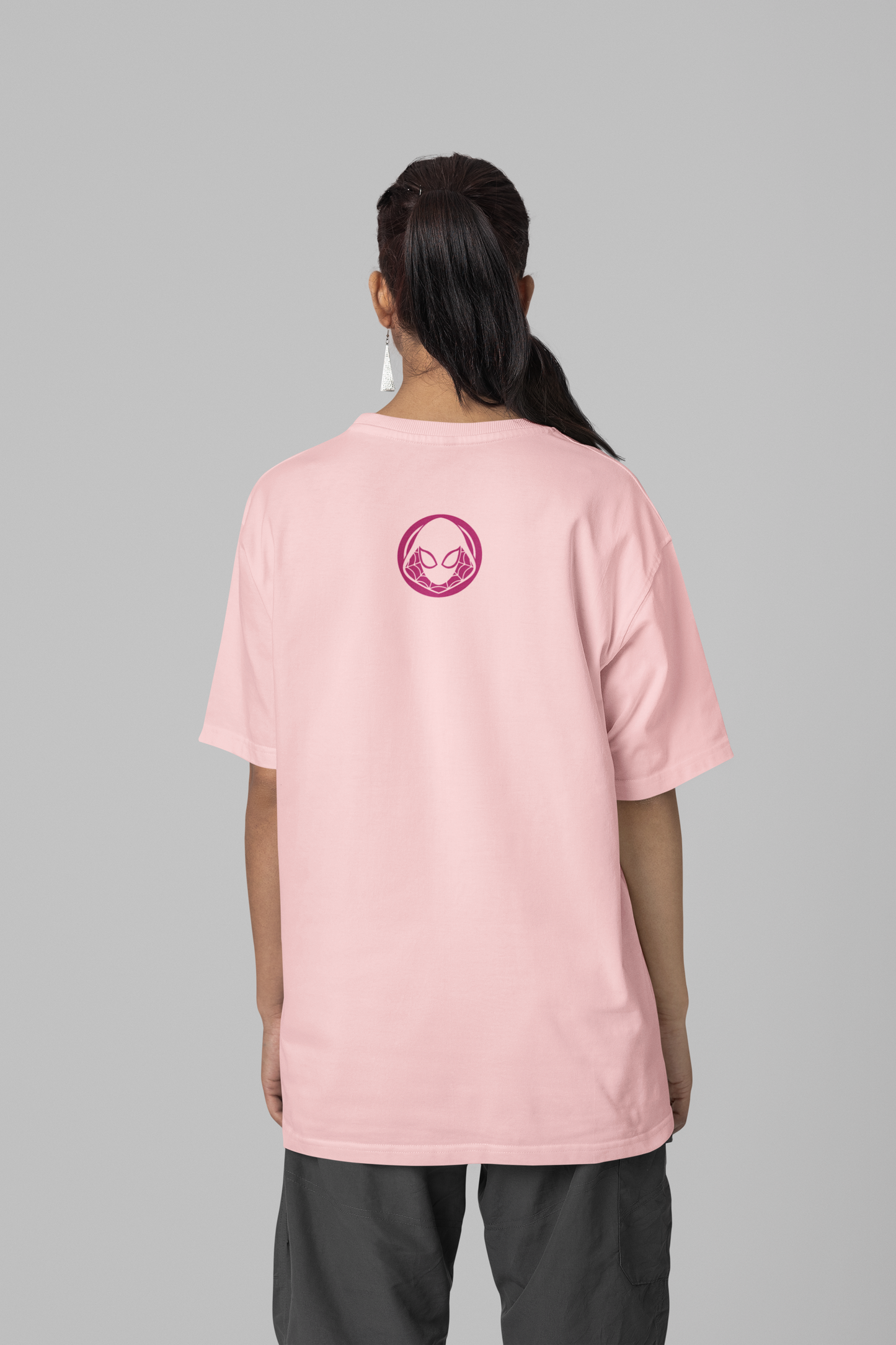 Light Pink Oversized Unisex T-shirt With Cute Spider Woman Gwen Posing