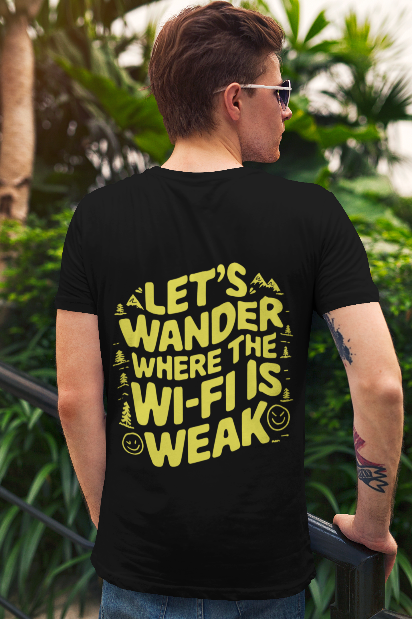"Lets Wander Where the Wifi is Weak" Printed Round Neck Half Sleeve Black T-shirt