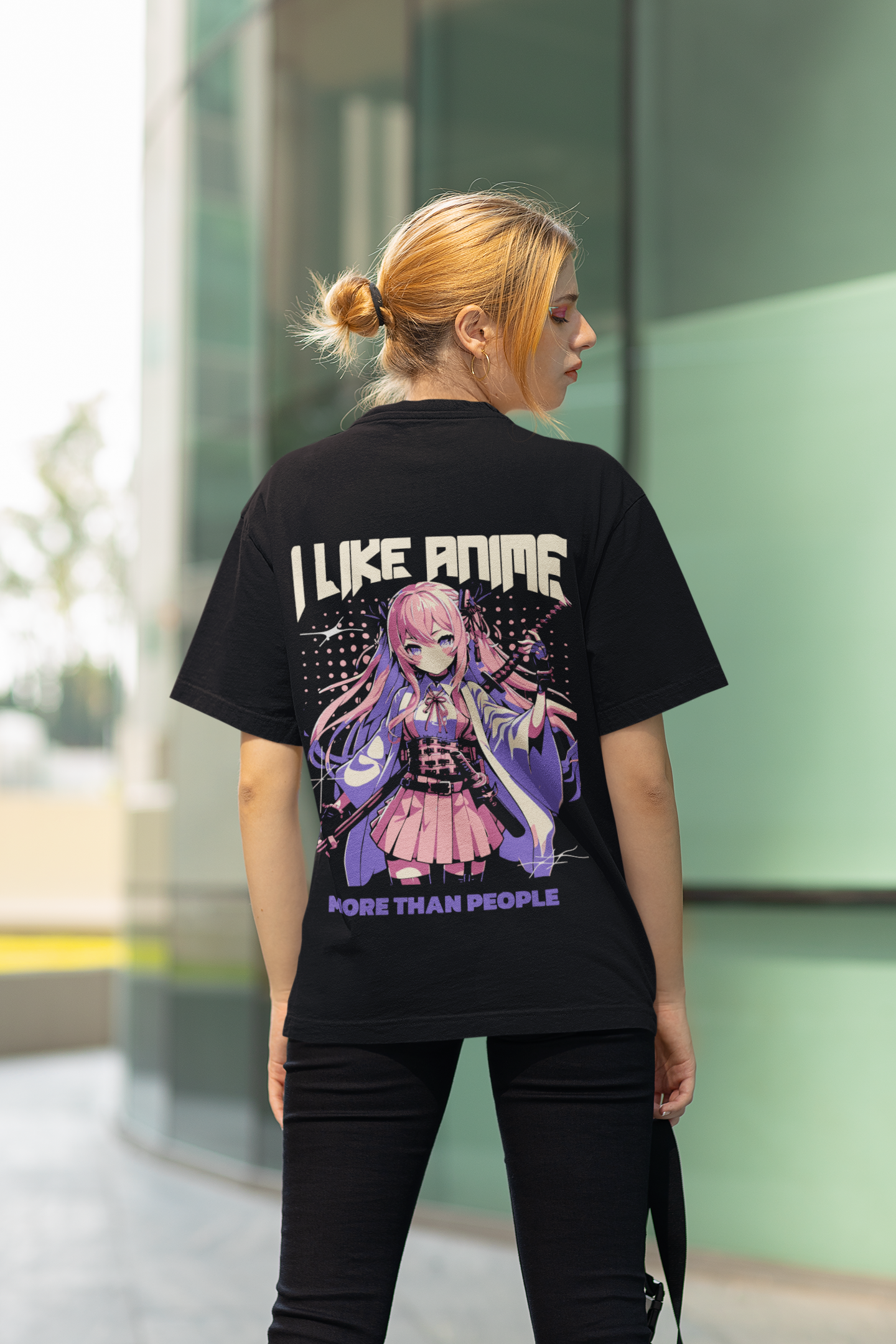 Black Oversized Unisex Anime T-Shirt: "I Like Anime More Than People" - Japanese Streetwear Style
