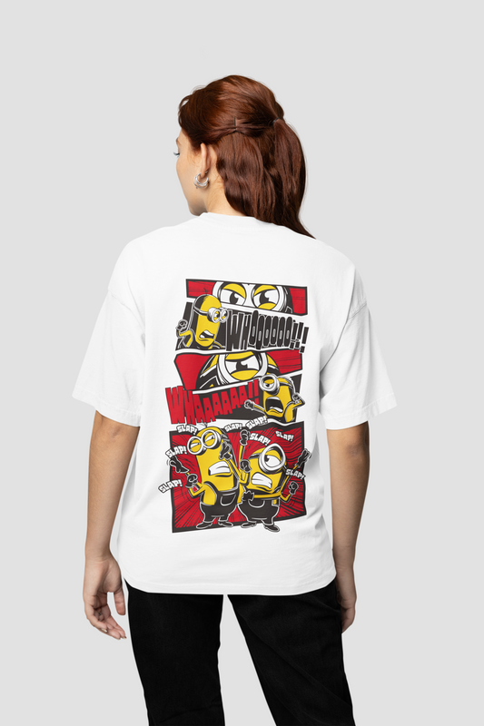 Unisex White Oversized Minions T-Shirt with Kung Fu Comic Design