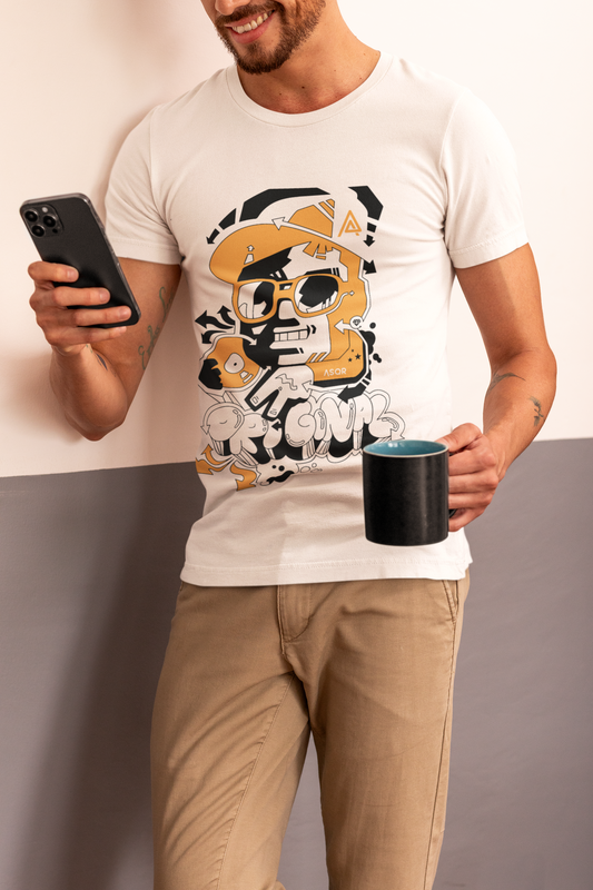 Men's White Graphic Tee - Urban Street Art Print Cotton T-Shirt